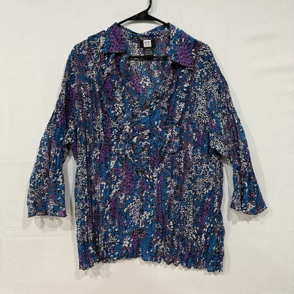 Studio 1940 Blouse Womens 22/24 Purple Blue Abstract‎ Print Crinkle Top
